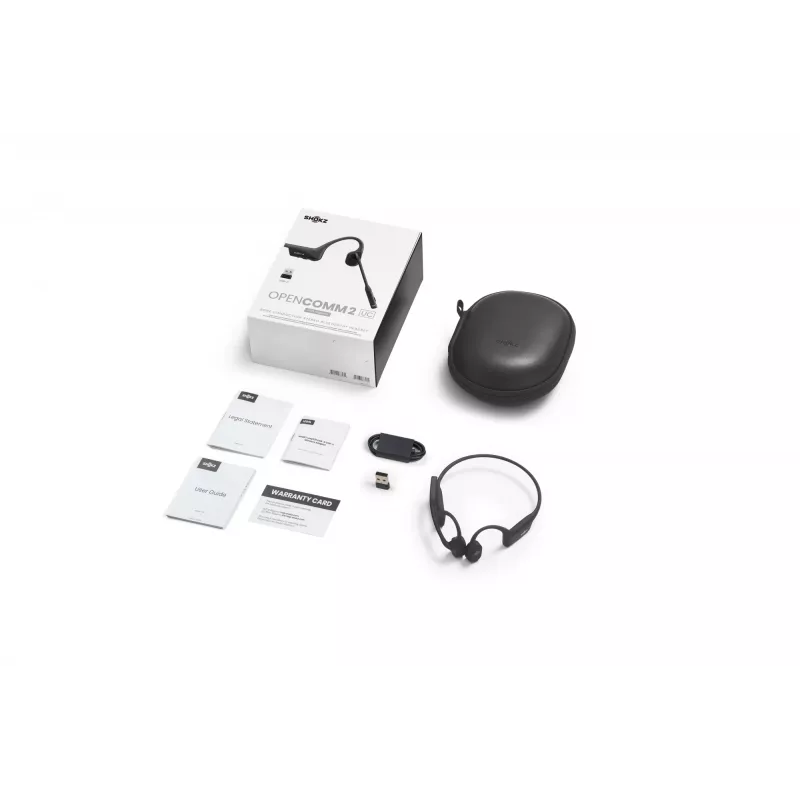 Headset Shokz OpenComm2 UC 2025 — wireless bone-conduction ear-hook headset, 16 h talk time, USB Type-A/Type-C, ANC, 29 m range, black