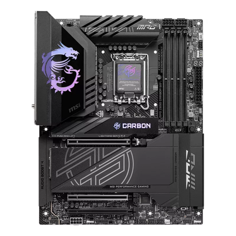 Motherboard MSI MPG Z890 CARBON WIFI ATX — Intel LGA1851, Z890, DDR5, 4x DIMM, 5x M.2, Wi‑Fi 7, 2.5Gb LAN