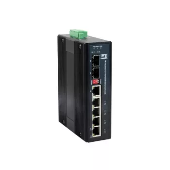 LevelOne 6-Port Gigabit Industrial Switch, 1 x SFP, 1 x SFP/RJ45 Combo, -40°C to 75°C, DIN-Rail