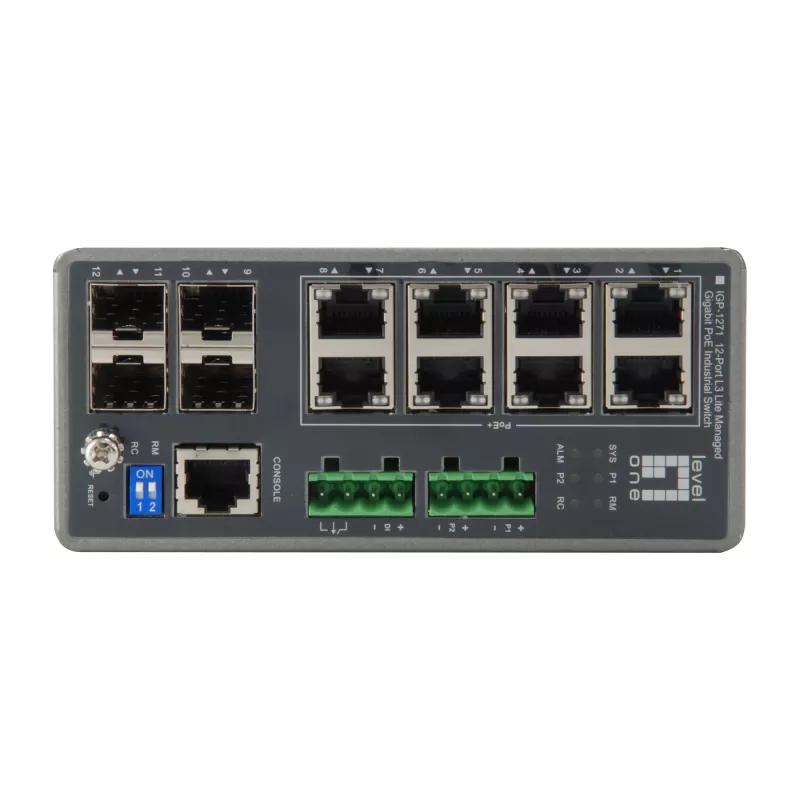 LevelOne TURING 12-Port L3 Lite Managed Gigabit Industrial Switch, 8 PoE Outputs, 240W, 802.3at/af PoE, 4 x SFP, -40°C to 75°C