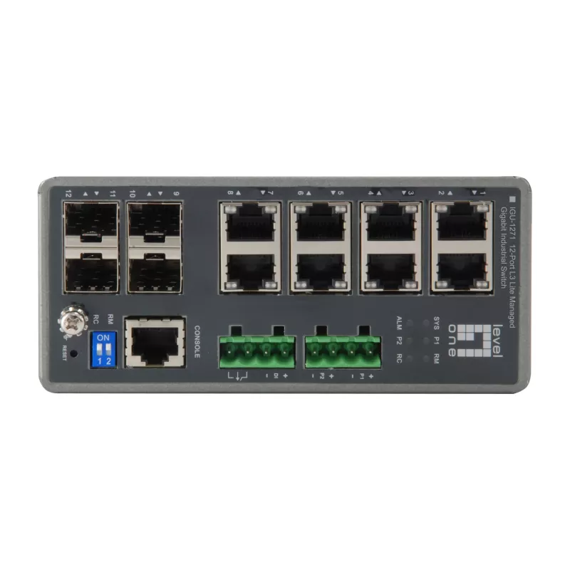 LevelOne TURING 12-Port L3 Lite Managed Gigabit Industrial Switch, 4 x SFP, DIN-Rail, -40°C to 75°C