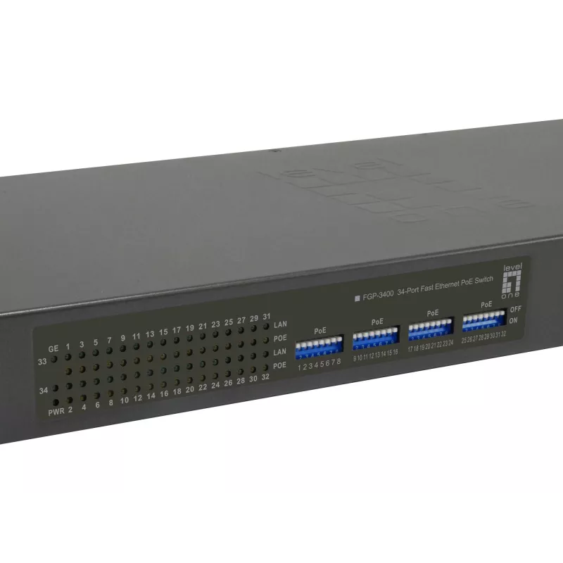 LevelOne 34-Port Fast Ethernet PoE Switch, 802.3at/af PoE, 32 PoE Outputs, 2 x Gigabit RJ45, 630W