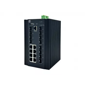 LevelOne 20-Port L2 Plus Managed Industrial Switch, 8 x 1GbE RJ45, 8 x 1GbE SFP, 4 x 1/2.5GbE SFP, DIN-Rail, -40°C to 80°C