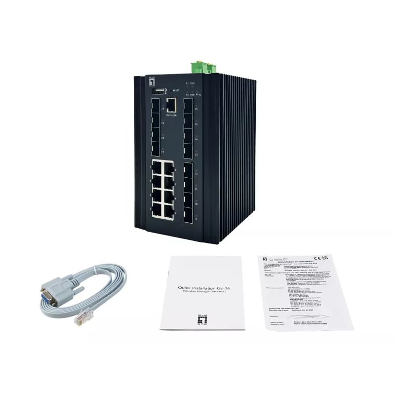LevelOne 20-Port L2 Plus Managed Industrial Switch, 8 x 1GbE RJ45, 8 x 1GbE SFP, 4 x 1/2.5GbE SFP, DIN-Rail, -40°C to 80°C