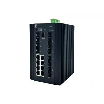 LevelOne 20-Port L2 Plus Managed Industrial Switch, 8 x 1GbE RJ45, 8 x 1GbE SFP, 4 x 1/2.5/10GbE SFP+, DIN-Rail, -40°C to 80°C