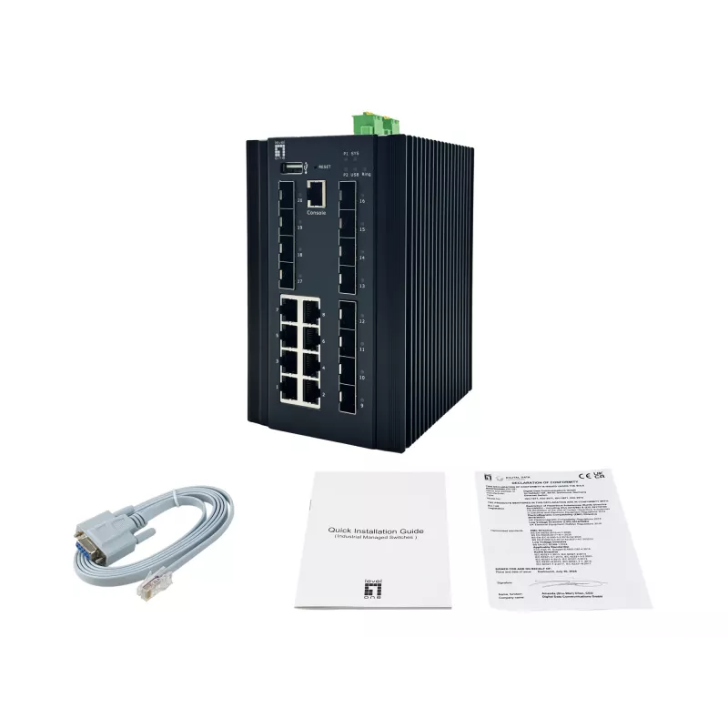 LevelOne 20-Port L2 Plus Managed Industrial Switch, 8 x 1GbE RJ45, 8 x 1GbE SFP, 4 x 1/2.5/10GbE SFP+, DIN-Rail, -40°C to 80°C