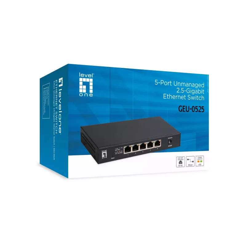 5-Port Unmanaged 2.5G Ethernet Switch LEVELONE GEU-0525 — 5× 2.5G RJ-45, unmanaged, 25 Gbit/s switching, wall-mountable