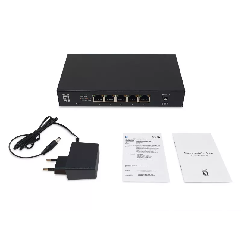 5-Port Unmanaged 2.5G Ethernet Switch LEVELONE GEU-0525 — 5× 2.5G RJ-45, unmanaged, 25 Gbit/s switching, wall-mountable