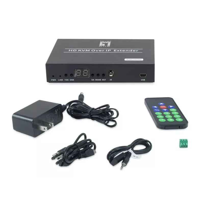 AV transmitter LEVELONE HVE-6701T — HDMI 1.3b, up to 1920×1080, Cat5e/Cat6/Cat7, Mini‑USB, 12V DC
