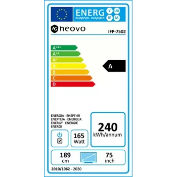 AG Neovo IFP-7502 Interactive flat panel 189.2 cm (74.5 inch) LCD Wi-Fi 350 cd/m² 4K Ultra HD Black Touchscreen Built-in processor Android 8.0