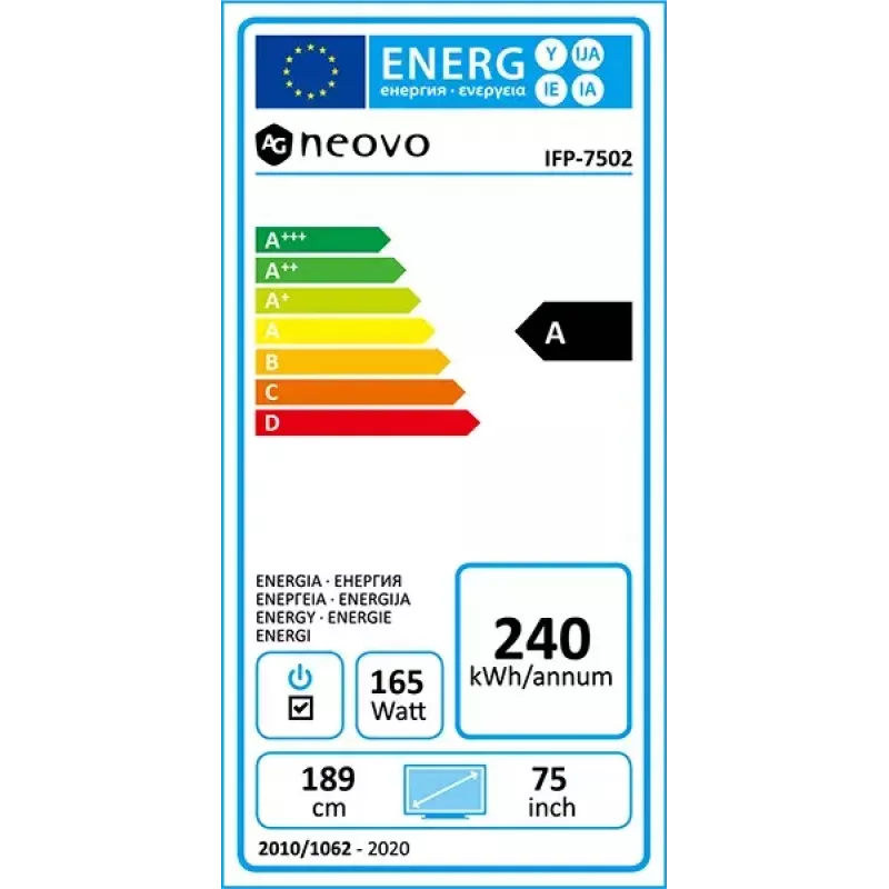 AG Neovo IFP-7502 Interactive flat panel 189.2 cm (74.5 inch) LCD Wi-Fi 350 cd/m² 4K Ultra HD Black Touchscreen Built-in processor Android 8.0
