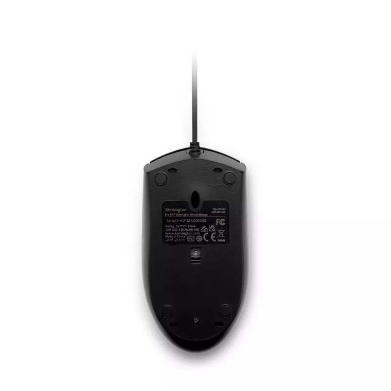 Kensington Pro Fit Wired Washable Mouse, Ambidextrous, Optical, USB, 1600 DPI, Black