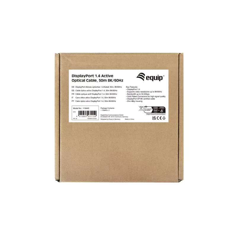 Equip DisplayPort 1.4 Active Optical Cable, 50m, 8K/60Hz, 50 m, DisplayPort, DisplayPort, Male, Male, 7680 x 4320 pixels