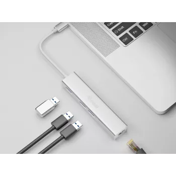 Equip USB-C to 3-port USB 3.0 Hubs with Gigabit adapter, USB 3.2 Gen 1 (3.1 Gen 1) Type-C, Silver, USB 3.2 Gen 1 (3.1 Gen 1) Type-A, WLAN, Aluminium, 22 mm, 15 mm