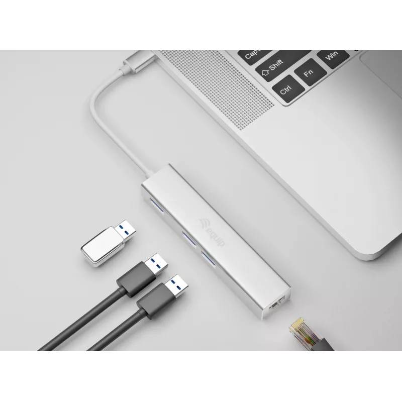 Equip USB-C to 3-port USB 3.0 Hubs with Gigabit adapter, USB 3.2 Gen 1 (3.1 Gen 1) Type-C, Silver, USB 3.2 Gen 1 (3.1 Gen 1) Type-A, WLAN, Aluminium, 22 mm, 15 mm