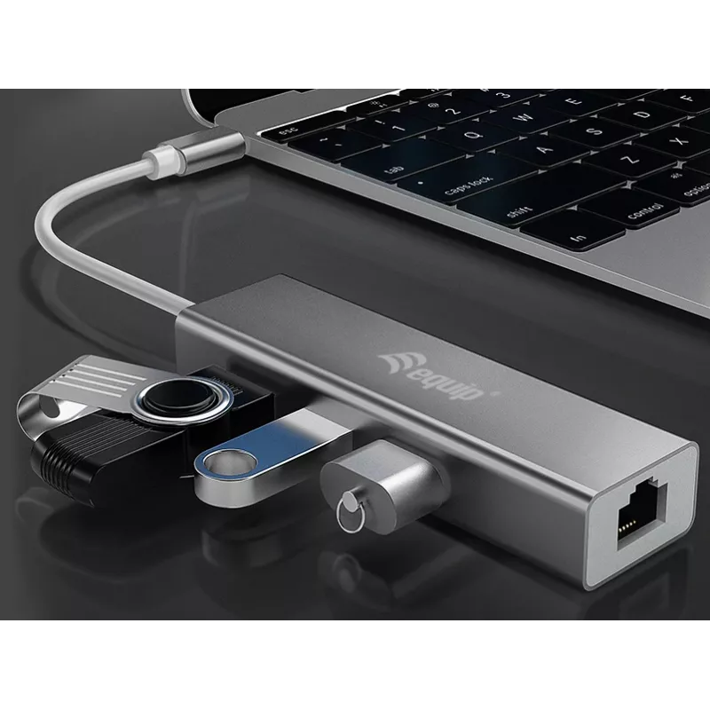 Equip USB-C to 3-port USB 3.0 Hubs with Gigabit adapter, USB 3.2 Gen 1 (3.1 Gen 1) Type-C, Silver, USB 3.2 Gen 1 (3.1 Gen 1) Type-A, WLAN, Aluminium, 22 mm, 15 mm