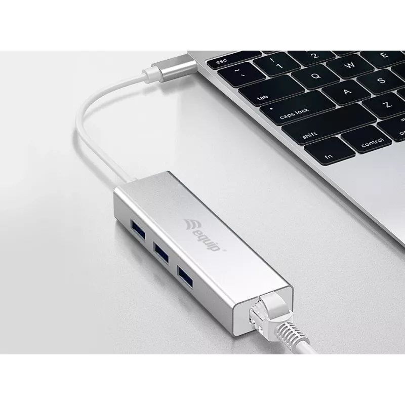 Equip USB-C to 3-port USB 3.0 Hubs with Gigabit adapter, USB 3.2 Gen 1 (3.1 Gen 1) Type-C, Silver, USB 3.2 Gen 1 (3.1 Gen 1) Type-A, WLAN, Aluminium, 22 mm, 15 mm