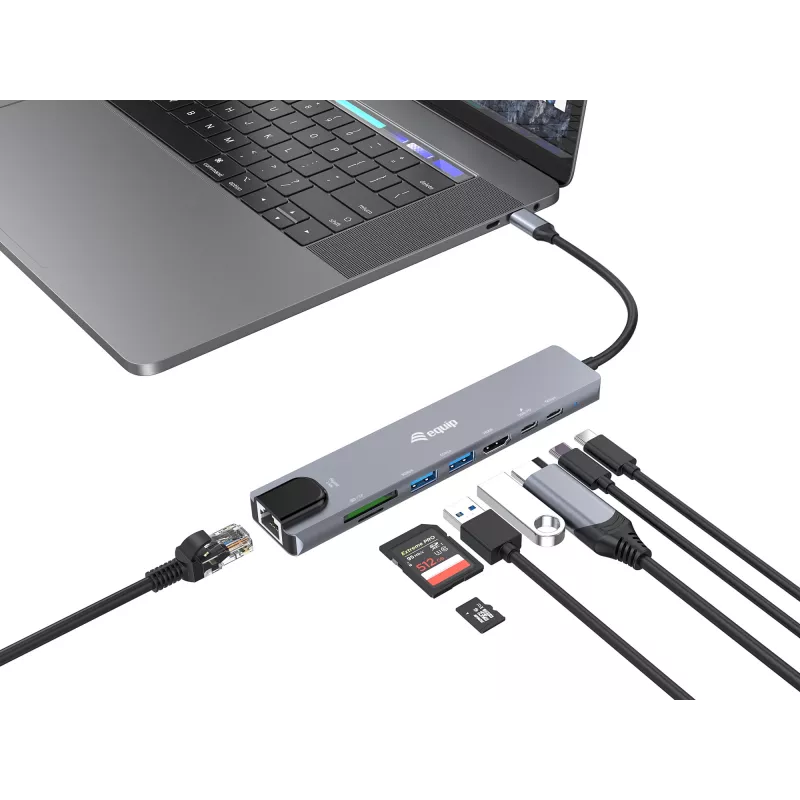 Equip USB-C 8 in 1 Multifunctional Adapter, Wired, USB Type-C, 100 W, 1000 Mbit/s, 1000BASE-T, IEEE 802.3ab