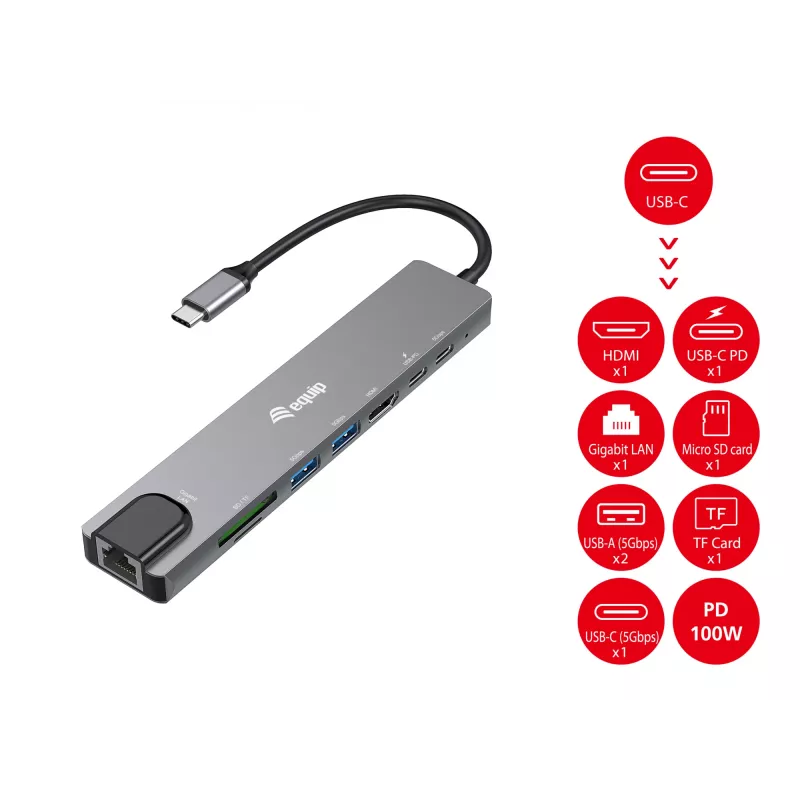 Equip USB-C 8 in 1 Multifunctional Adapter, Wired, USB Type-C, 100 W, 1000 Mbit/s, 1000BASE-T, IEEE 802.3ab