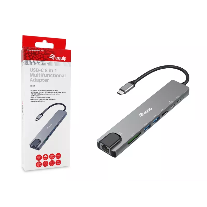 Equip USB-C 8 in 1 Multifunctional Adapter, Wired, USB Type-C, 100 W, 1000 Mbit/s, 1000BASE-T, IEEE 802.3ab