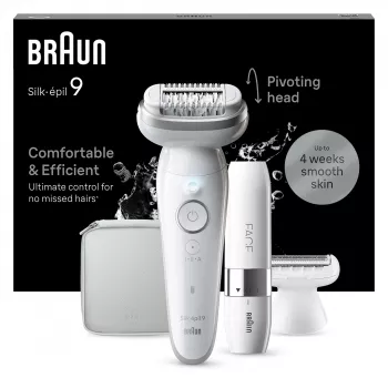 Epilator BRAUN Silk-épil 9 SES9-341 — 40 tweezers, Wet & Dry, 50 min battery, 2 speeds, White
