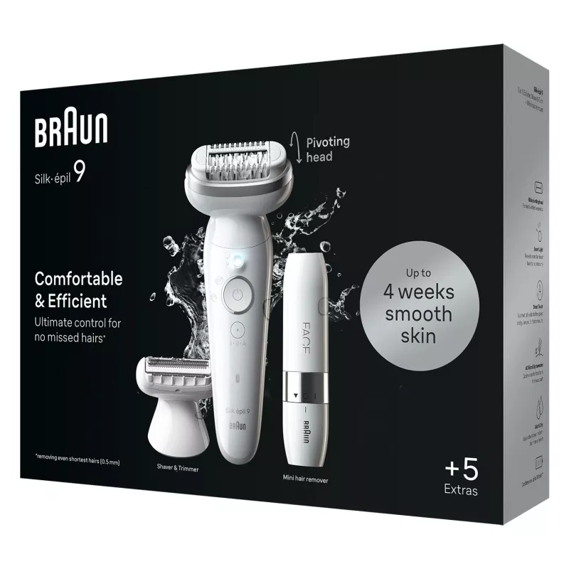 Epilator BRAUN Silk-épil 9 SES9-341 — 40 tweezers, Wet & Dry, 50 min battery, 2 speeds, White