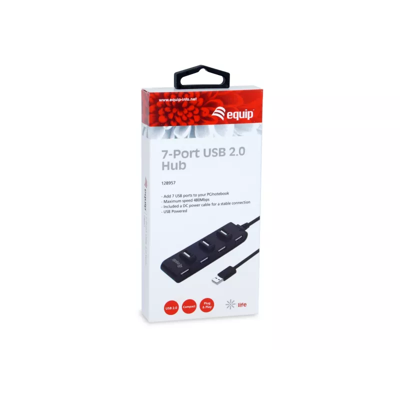 Equip 7-Port USB 2.0 Hub, USB 2.0, USB 2.0, 480 Mbit/s, Black, China, CE, RoHS