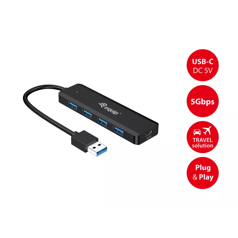 4-Port USB 3.2 Gen 1 Hub Equip with USB-C Adapter Black 5000 Mbit/s