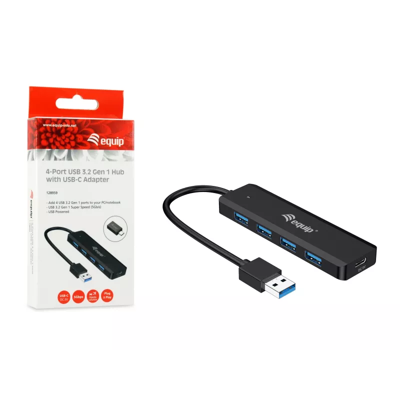 4-Port USB 3.2 Gen 1 Hub Equip with USB-C Adapter Black 5000 Mbit/s
