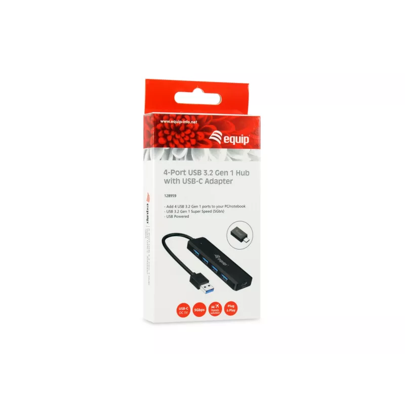 4-Port USB 3.2 Gen 1 Hub Equip with USB-C Adapter Black 5000 Mbit/s