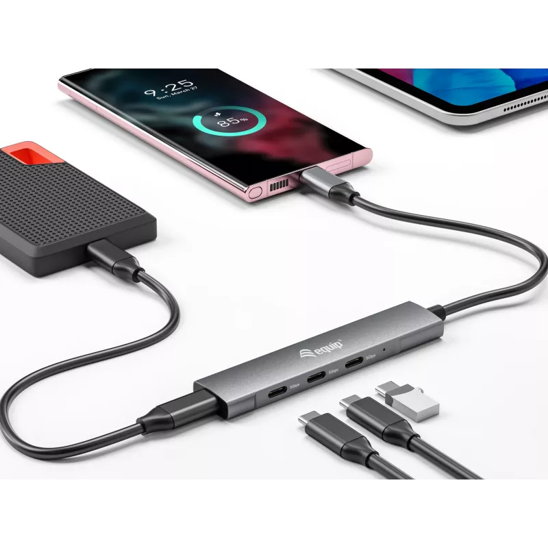 Equip USB-C 4-Port USB 3.2 Gen 1 Hub, USB 3.2 Gen 1 (3.1 Gen 1) Type-C, USB 3.2 Gen 1 (3.1 Gen 1) Type-C, 5000 Mbit/s, Black, Silver, Aluminium, 0.15 m