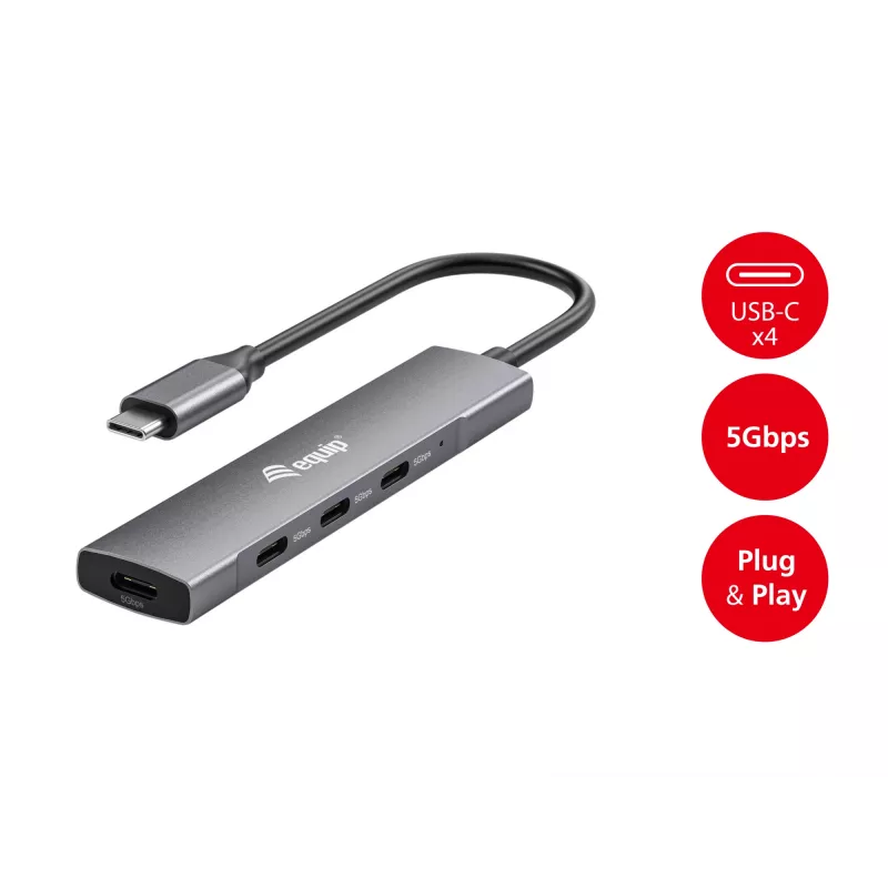 Equip USB-C 4-Port USB 3.2 Gen 1 Hub, USB 3.2 Gen 1 (3.1 Gen 1) Type-C, USB 3.2 Gen 1 (3.1 Gen 1) Type-C, 5000 Mbit/s, Black, Silver, Aluminium, 0.15 m