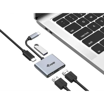 Equip USB-C 4 in 1 Dual HDMI Adapter, USB 3.2 Gen 1 (3.1 Gen 1) Type-C, Silver, 4K Ultra HD, 30 Hz, HDMI, Aluminium