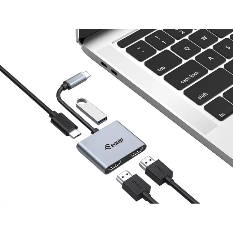 Equip USB-C 4 in 1 Dual HDMI Adapter, USB 3.2 Gen 1 (3.1 Gen 1) Type-C, Silver, 4K Ultra HD, 30 Hz, HDMI, Aluminium