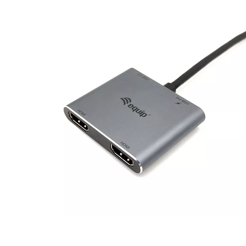 Equip USB-C 4 in 1 Dual HDMI Adapter, USB 3.2 Gen 1 (3.1 Gen 1) Type-C, Silver, 4K Ultra HD, 30 Hz, HDMI, Aluminium