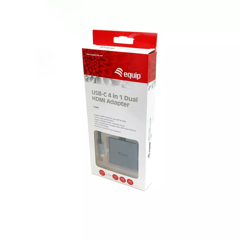 Equip USB-C 4 in 1 Dual HDMI Adapter, USB 3.2 Gen 1 (3.1 Gen 1) Type-C, Silver, 4K Ultra HD, 30 Hz, HDMI, Aluminium