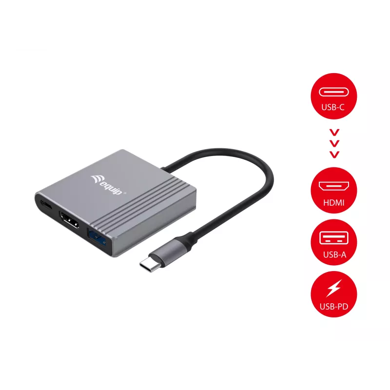 Equip 3 in 1 USB-C to HDMI / USB-A / USB PD Adapter, 3.2 Gen 1 (3.1 Gen 1), USB Type-C, HDMI output, 3840 x 2160 pixels