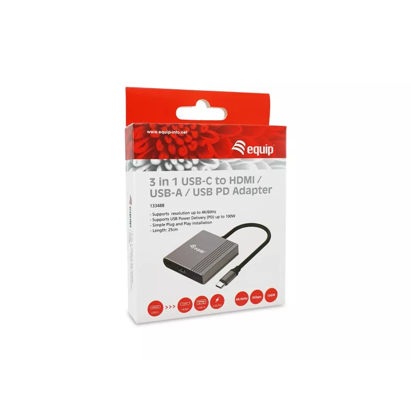 Equip 3 in 1 USB-C to HDMI / USB-A / USB PD Adapter, 3.2 Gen 1 (3.1 Gen 1), USB Type-C, HDMI output, 3840 x 2160 pixels