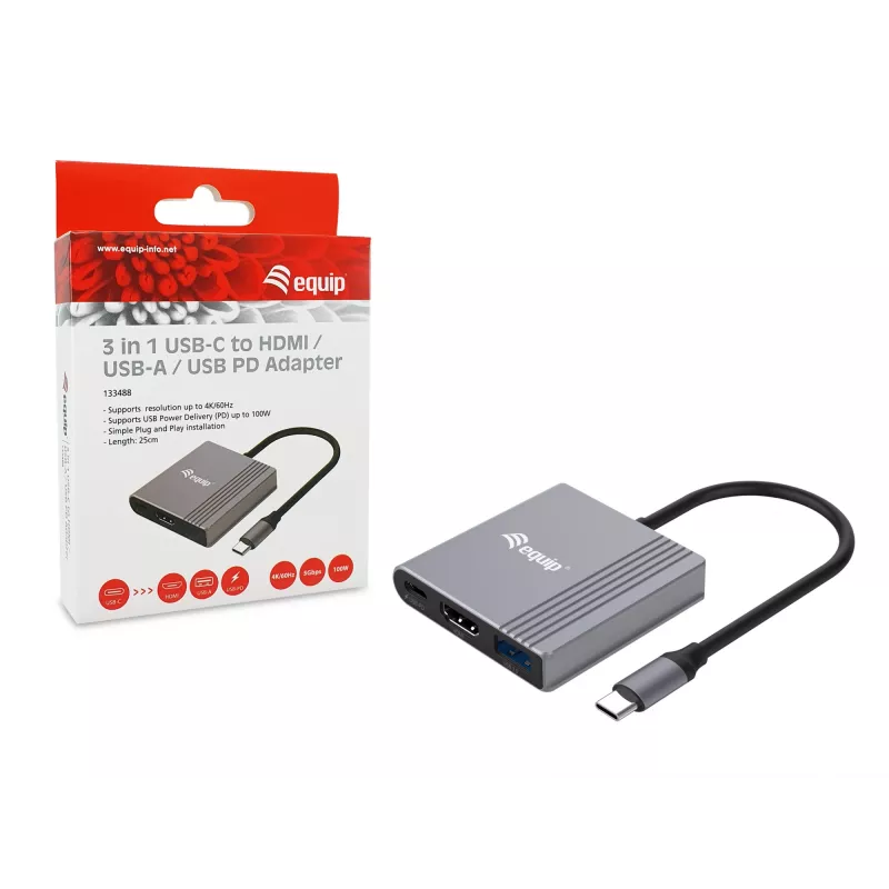 Equip 3 in 1 USB-C to HDMI / USB-A / USB PD Adapter, 3.2 Gen 1 (3.1 Gen 1), USB Type-C, HDMI output, 3840 x 2160 pixels