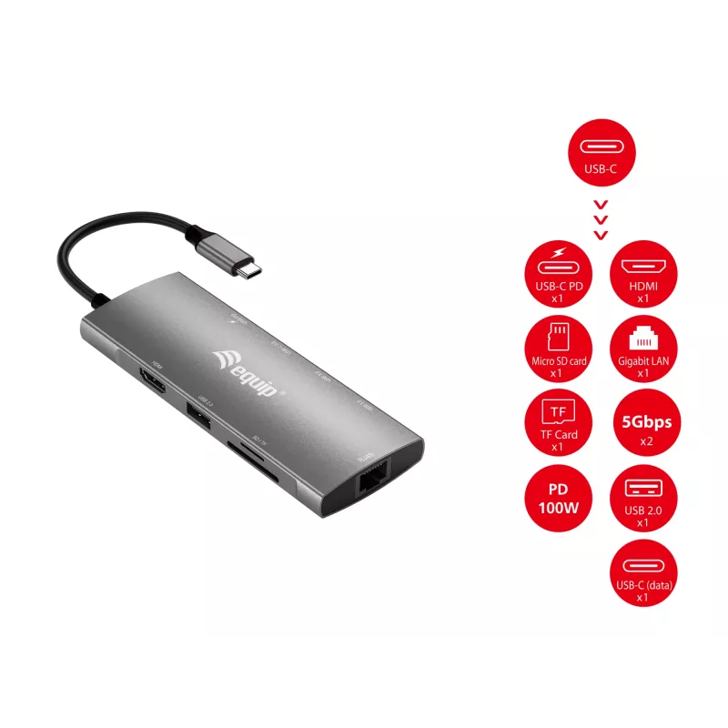 Equip USB-C 9 in 1 Multifunctional Adapter, HDMI 4K/60Hz, Gigabit LAN, USB 3.2 GEN1, SD/TF, 100W USB PD