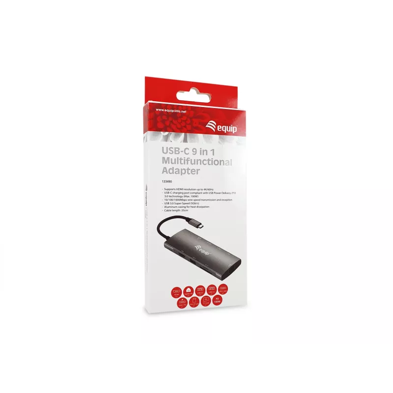 Equip USB-C 9 in 1 Multifunctional Adapter, HDMI 4K/60Hz, Gigabit LAN, USB 3.2 GEN1, SD/TF, 100W USB PD