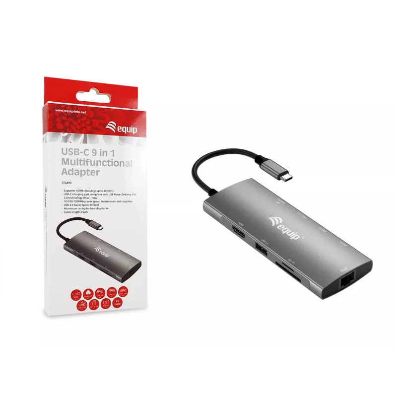 Equip USB-C 9 in 1 Multifunctional Adapter, HDMI 4K/60Hz, Gigabit LAN, USB 3.2 GEN1, SD/TF, 100W USB PD