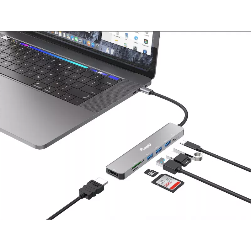 Equip USB-C 7 in 1 Multifunctional Adapter, HDMI 4K/60Hz, USB 3.2 Gen1 x 3 , TF/MICRO SD, 100W USB PD