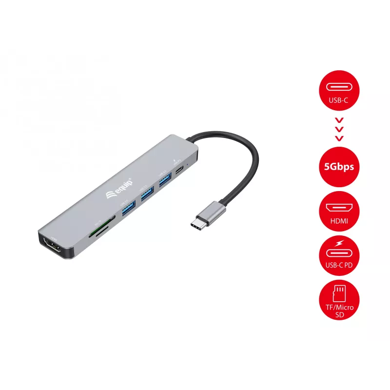 Equip USB-C 7 in 1 Multifunctional Adapter, HDMI 4K/60Hz, USB 3.2 Gen1 x 3 , TF/MICRO SD, 100W USB PD