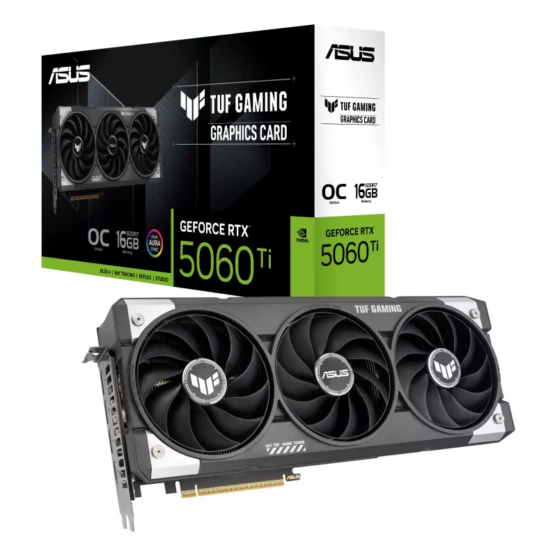 Graphics Card ASUS GeForce RTX 5060 Ti — 16 GB GDDR7, PCIe 5.0, 128-bit, 3xDP 2.1b + 1xHDMI 2.1b, 302 mm, 3 fans