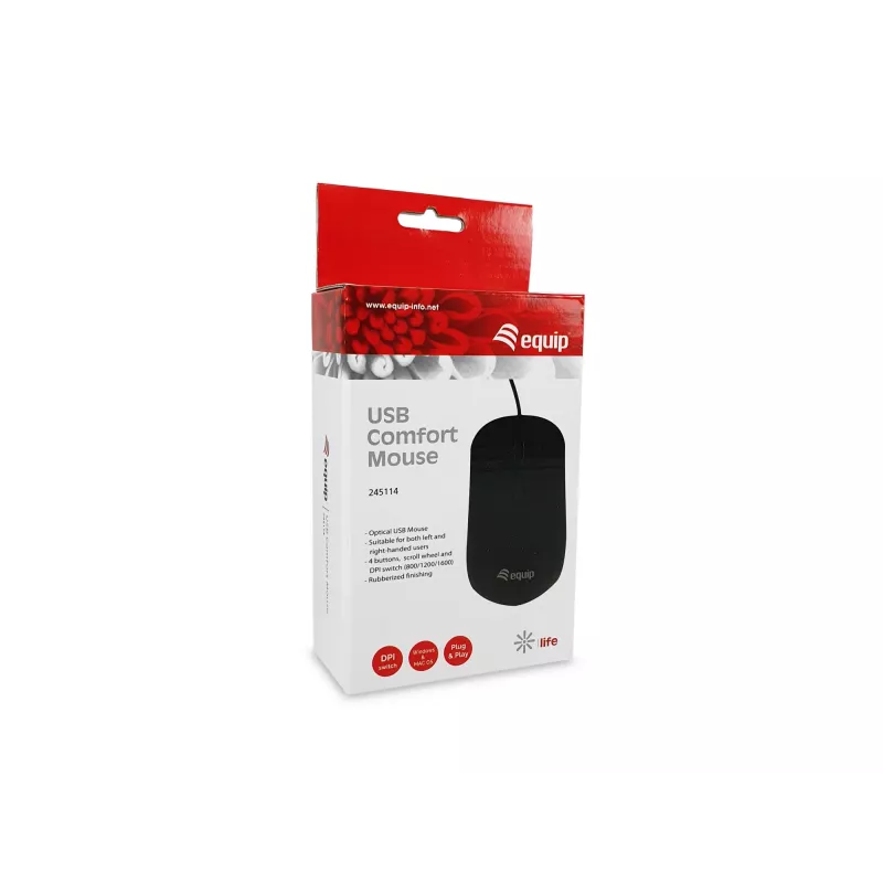 Equip USB Comfort Mouse, Ambidextrous, Optical, USB Type-A, 1600 DPI, Black