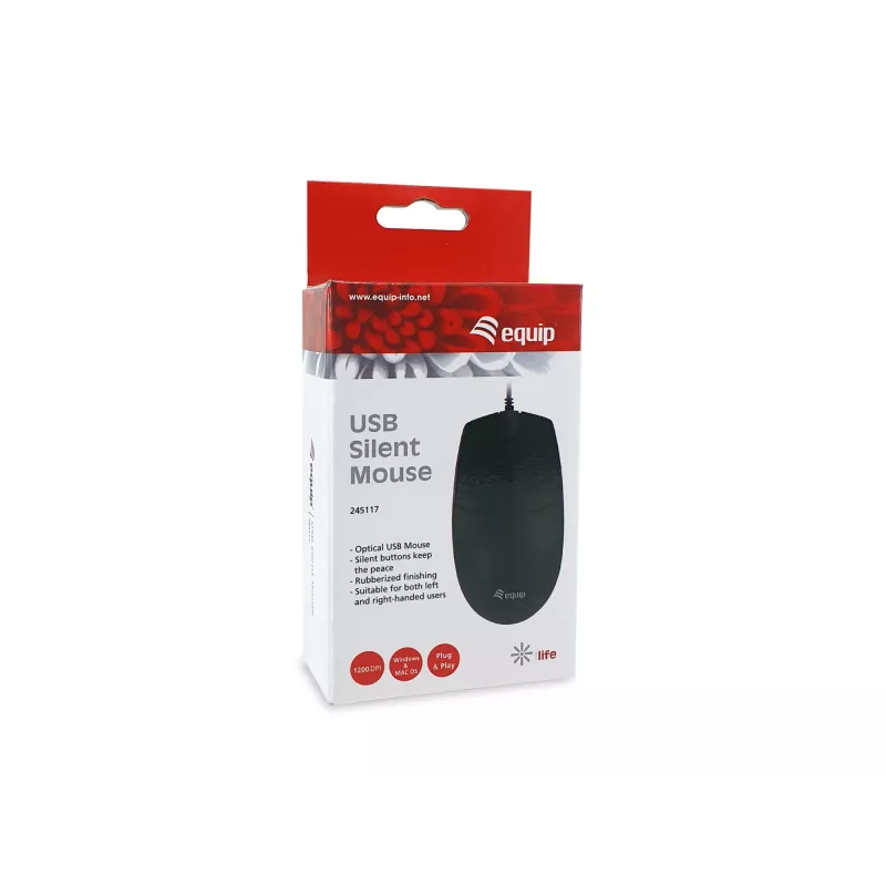 Equip USB Silent Mouse, Ambidextrous, Optical, USB Type-A, 1200 DPI, Black