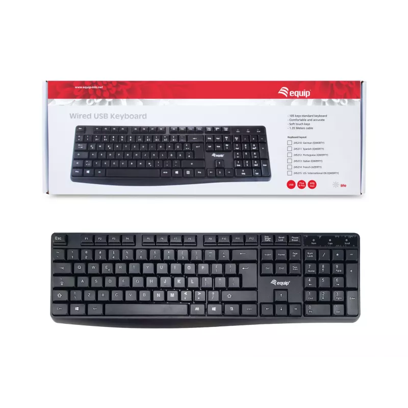 Equip Wired USB Keyboard, US/International layout (QWERTY), Full-size (100%), Wired, USB, QWERTY, Black
