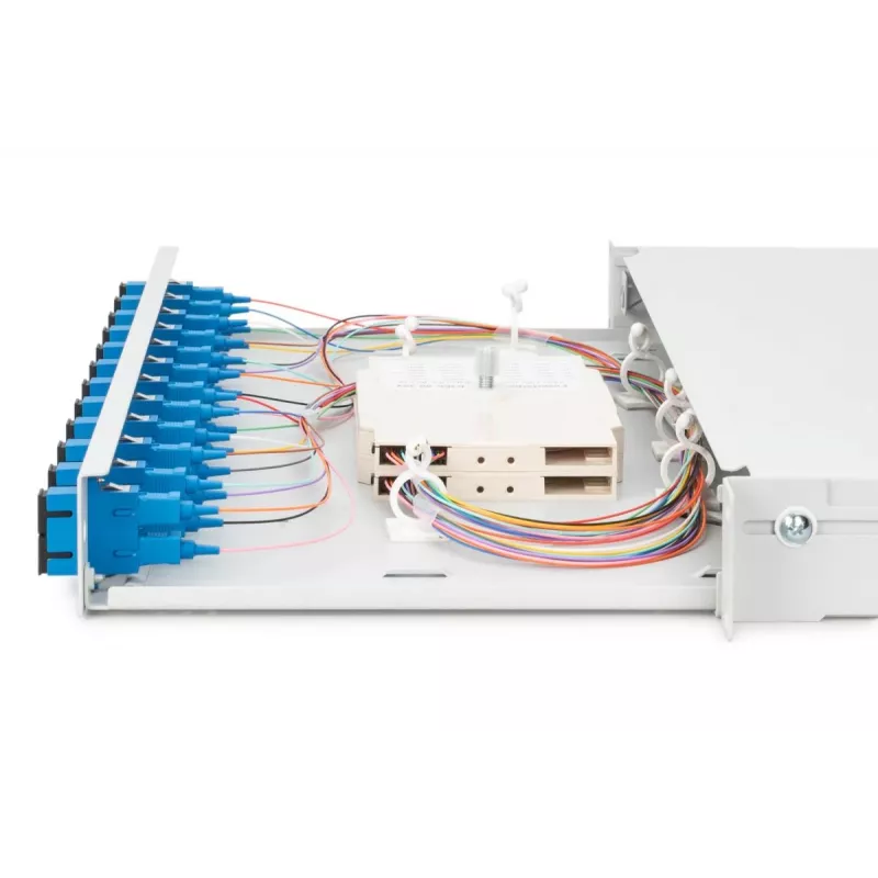 DIGITUS Fiber Optic Sliding Splice Box, 1U, Equipped 12x SC duplex, incl. M 25 Screw, Splice Cassette Color Pigtails OS2, Adapter