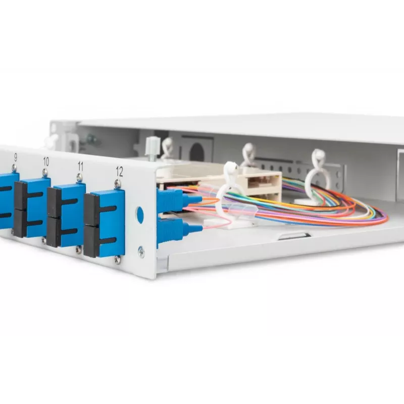 DIGITUS Fiber Optic Sliding Splice Box, 1U, Equipped 12x SC duplex, incl. M 25 Screw, Splice Cassette Color Pigtails OS2, Adapter